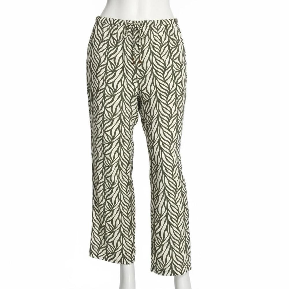 SOHO Apparel Olive Leaf Print Wide Leg Pants L Casual Boho Resort Rayon Blend - Picture 2 of 9